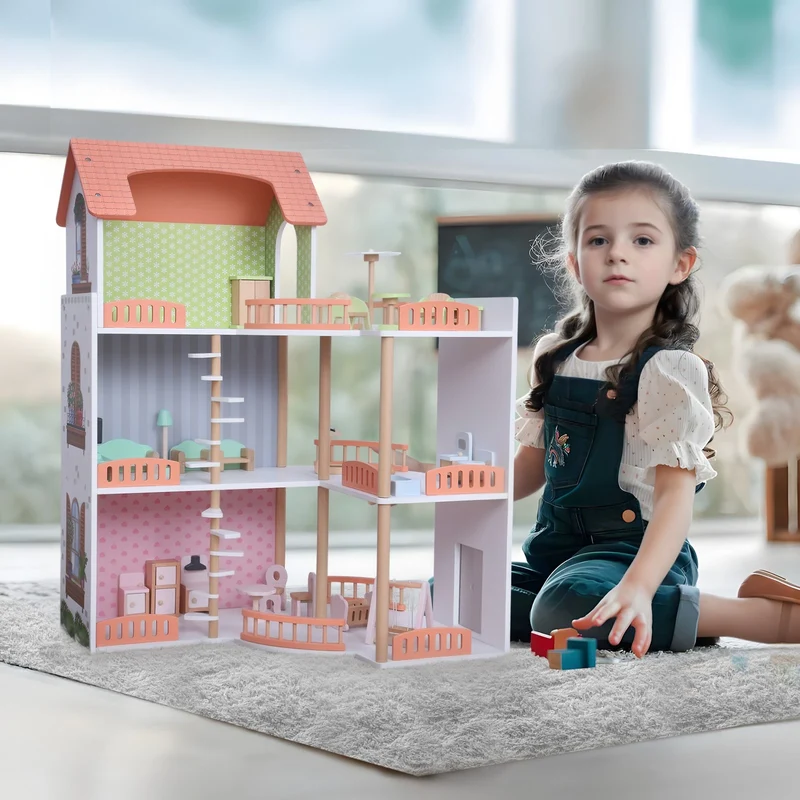 Großes Puppenhaus Holz – Offenes Spielhaus mit Balkon & 3 Etagen
