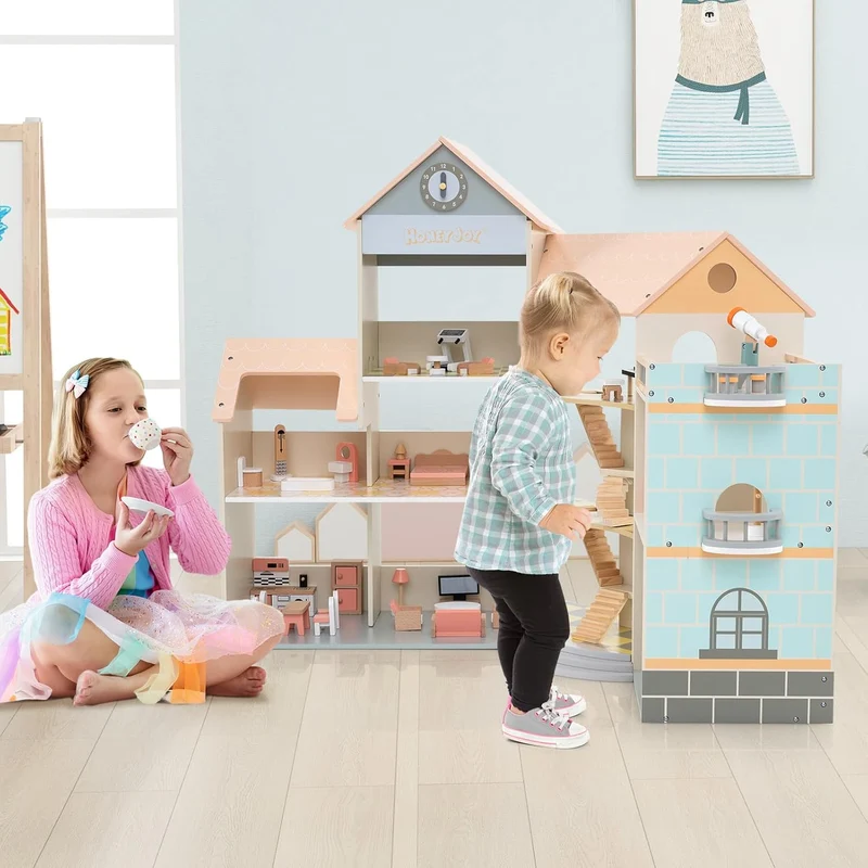 Großes Puppenhaus Holz – Eckhaus mit Treppen & 3 Etagen-XXXL