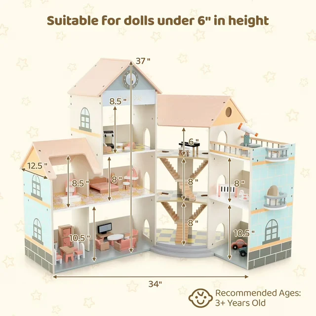 Großes Puppenhaus Holz – Eckhaus mit Treppen & 3 Etagen-XXXL