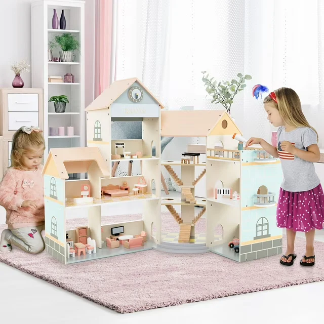 Großes Puppenhaus Holz – Eckhaus mit Treppen & 3 Etagen-XXXL