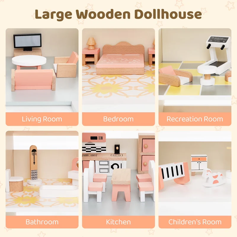Großes Puppenhaus Holz – Eckhaus mit Treppen & 3 Etagen-XXXL