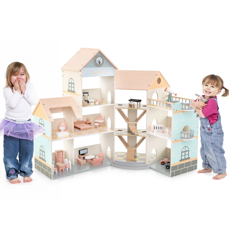 Großes Puppenhaus Holz – Eckhaus mit Treppen & 3 Etagen-XXXL
