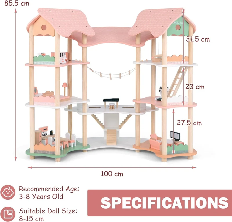 Großes Puppenhaus Holz – Spielwelt mit Brücke & 3 Etagen