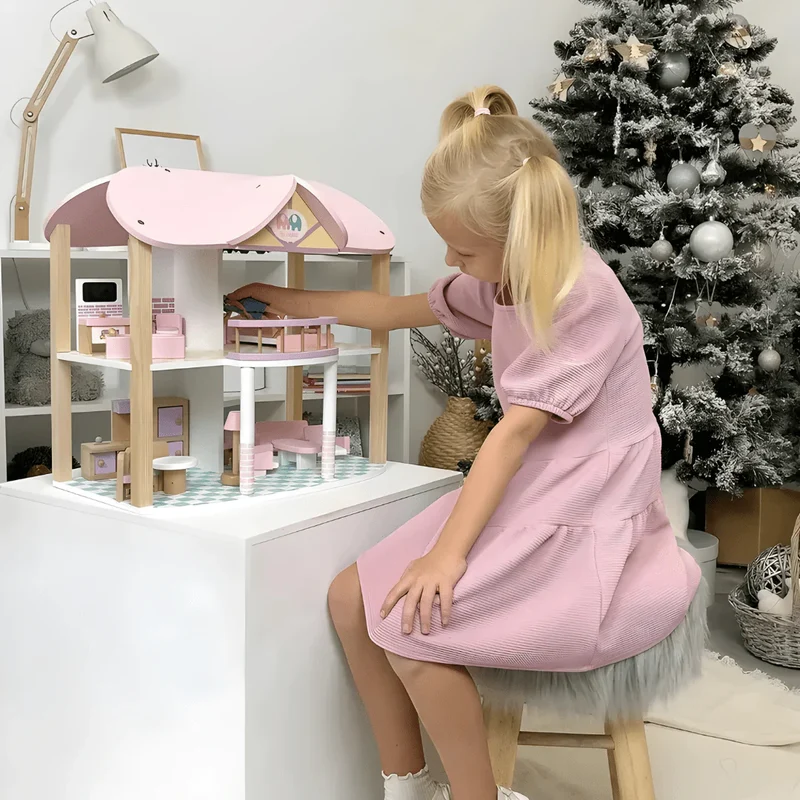 Puppenhaus Rosa 3 Etagen – Spielhaus mit Möbeln für Kinder