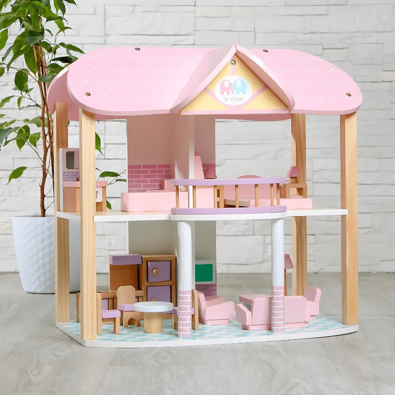 Puppenhaus Rosa 3 Etagen – Spielhaus mit Möbeln für Kinder