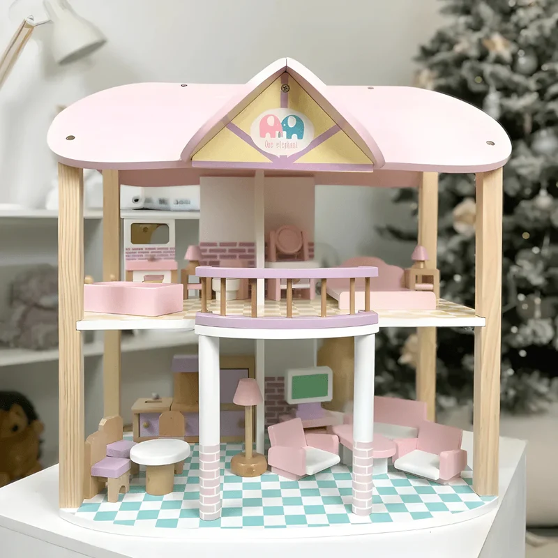 Puppenhaus Rosa 3 Etagen – Spielhaus mit Möbeln für Kinder