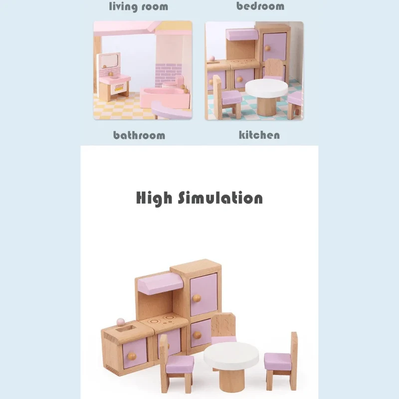 Puppenhaus Rosa 3 Etagen – Spielhaus mit Möbeln für Kinder