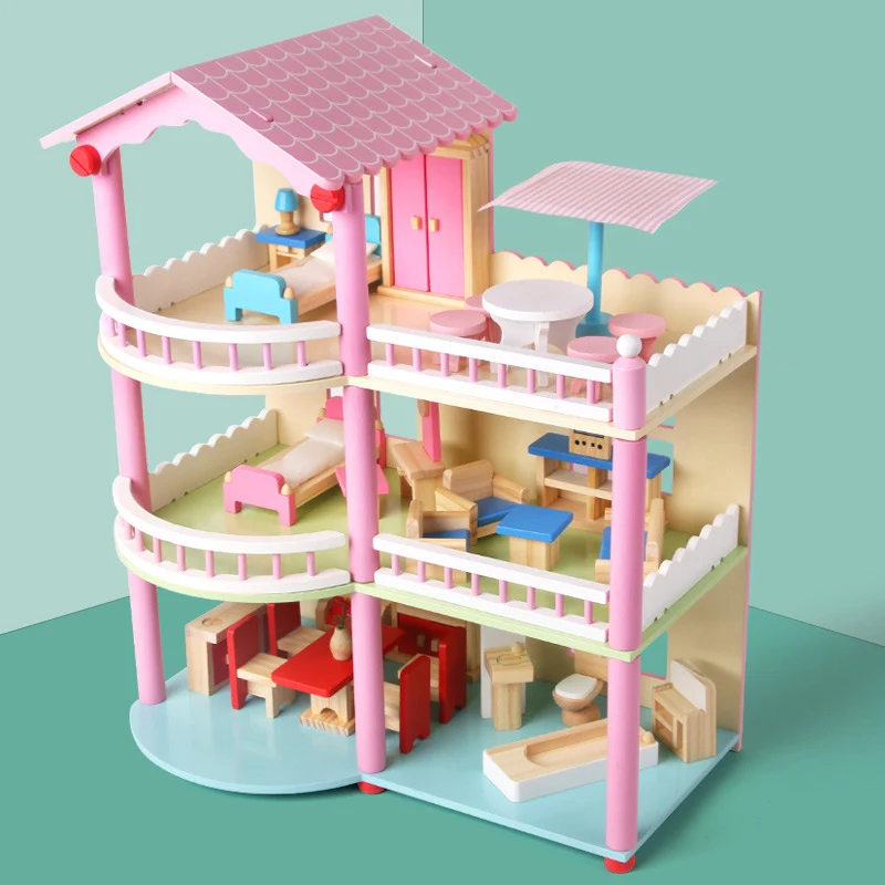 Montessori Puppenhaus aus Holz – Offenes Spielhaus mit Möbeln