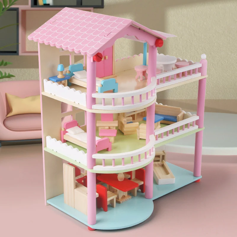 Montessori Puppenhaus aus Holz – Offenes Spielhaus mit Möbeln
