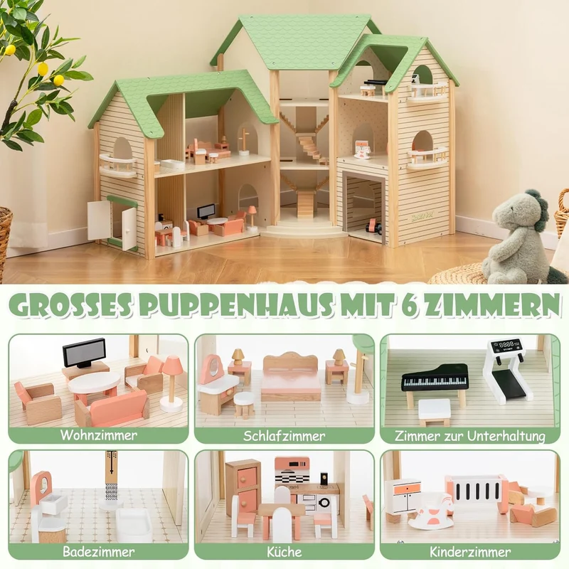 Montessori Puppenhaus aus Holz – Erweiterbare Spielvilla mit 3 Häusern & Möbeln