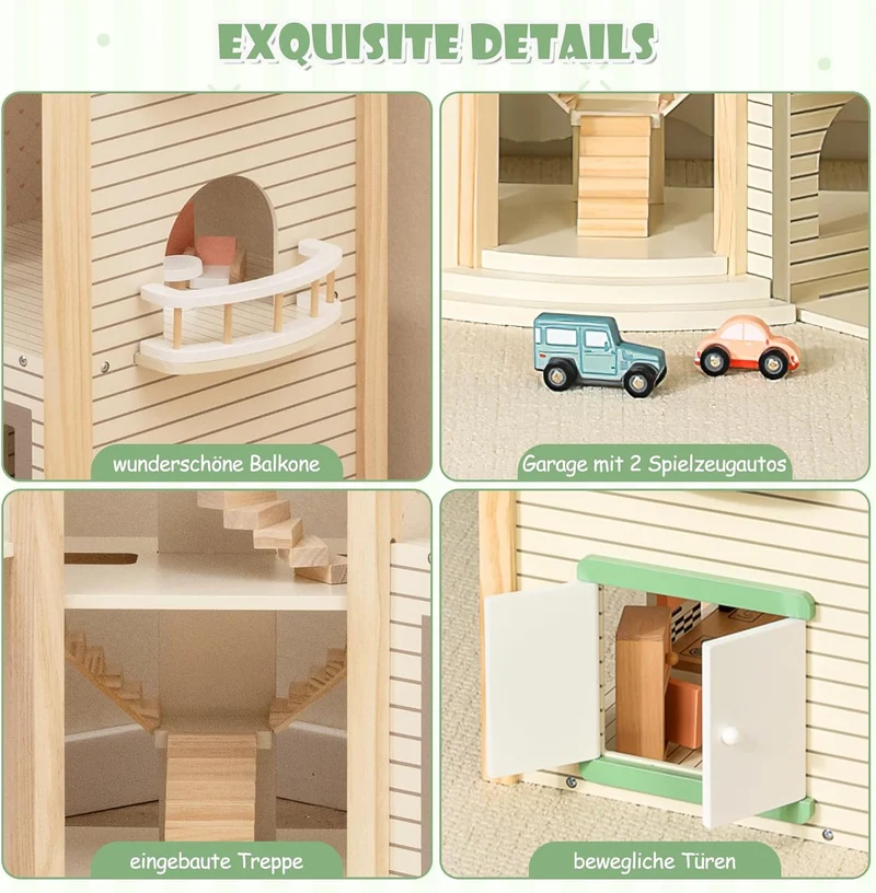 Montessori Puppenhaus aus Holz – Erweiterbare Spielvilla mit 3 Häusern & Möbeln