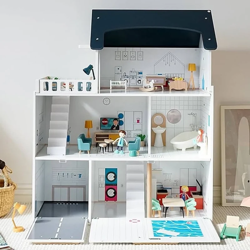 Montessori Puppenhaus aus Holz – 3 Etagen Villa mit Garage & Möbeln (XXL)