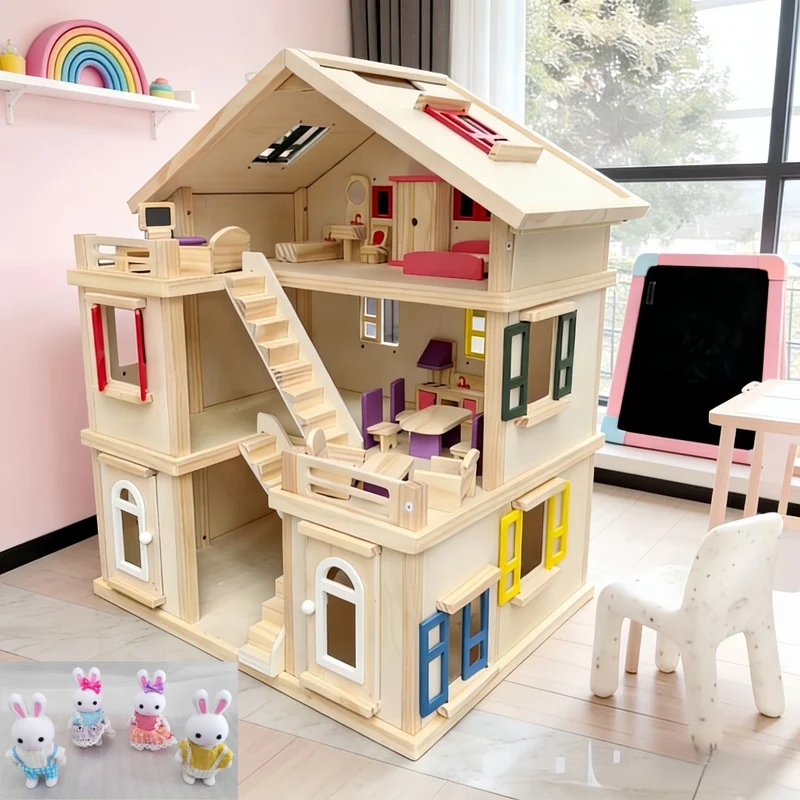 Großes Holz Puppenhaus 3 Etagen mit Möbeln