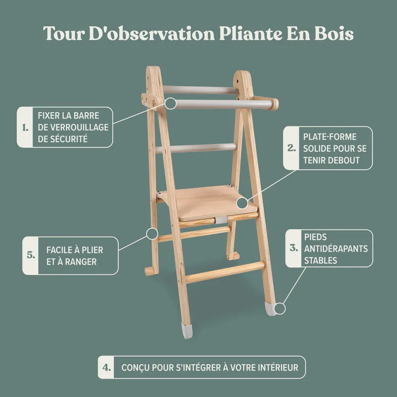 Tour d'apprentissage pliable Montessori en bois FSC® pour enfant dès 18 mois