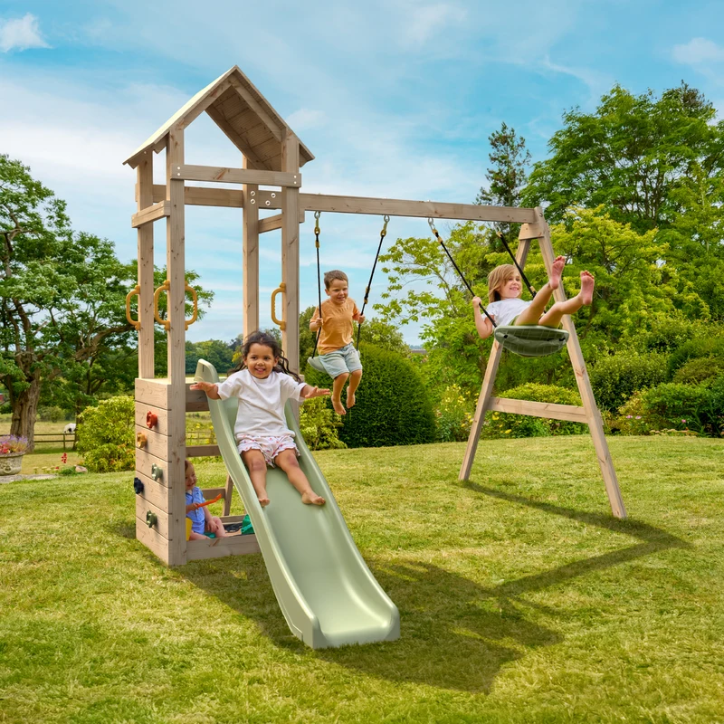 Aire de jeux 2 balançoires, toboggan et mur d'escalade - H240 cm - bois FSC® - PLAQUEMINIER