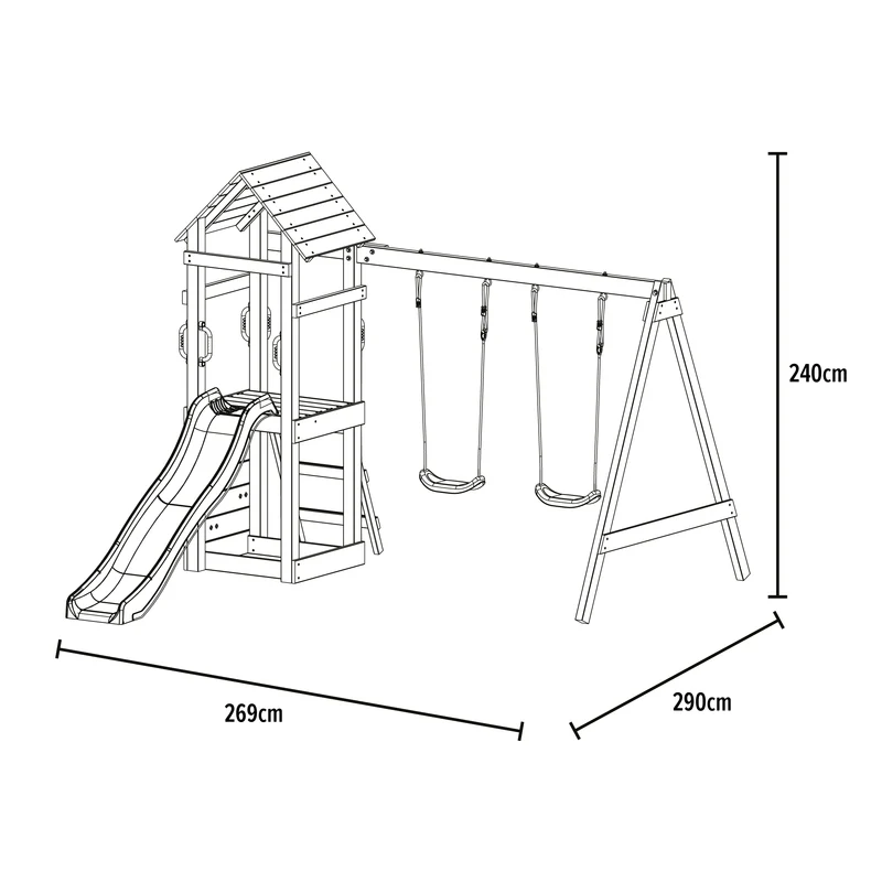 Aire de jeux 2 balançoires, toboggan et mur d'escalade - H240 cm - bois FSC® - PLAQUEMINIER