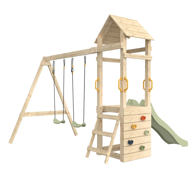 Aire de jeux 2 balançoires, toboggan et mur d'escalade - H240 cm - bois FSC® - PLAQUEMINIER