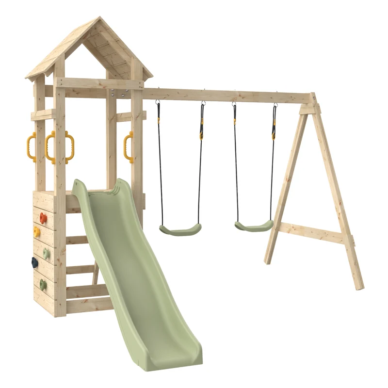 Aire de jeux 2 balançoires, toboggan et mur d'escalade - H210 cm - bois FSC® - GESSETTE