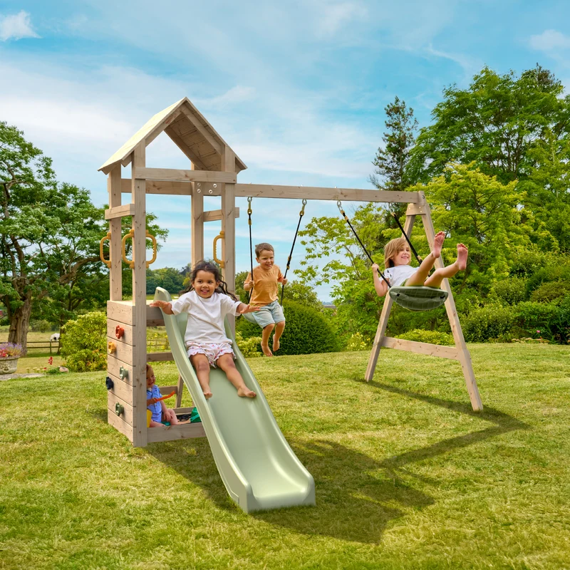 Aire de jeux 2 balançoires, toboggan et mur d'escalade - H210 cm - bois FSC® - GESSETTE