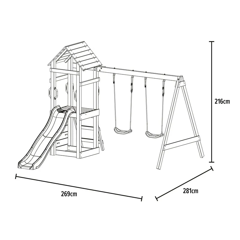 Aire de jeux 2 balançoires, toboggan et mur d'escalade - H210 cm - bois FSC® - GESSETTE