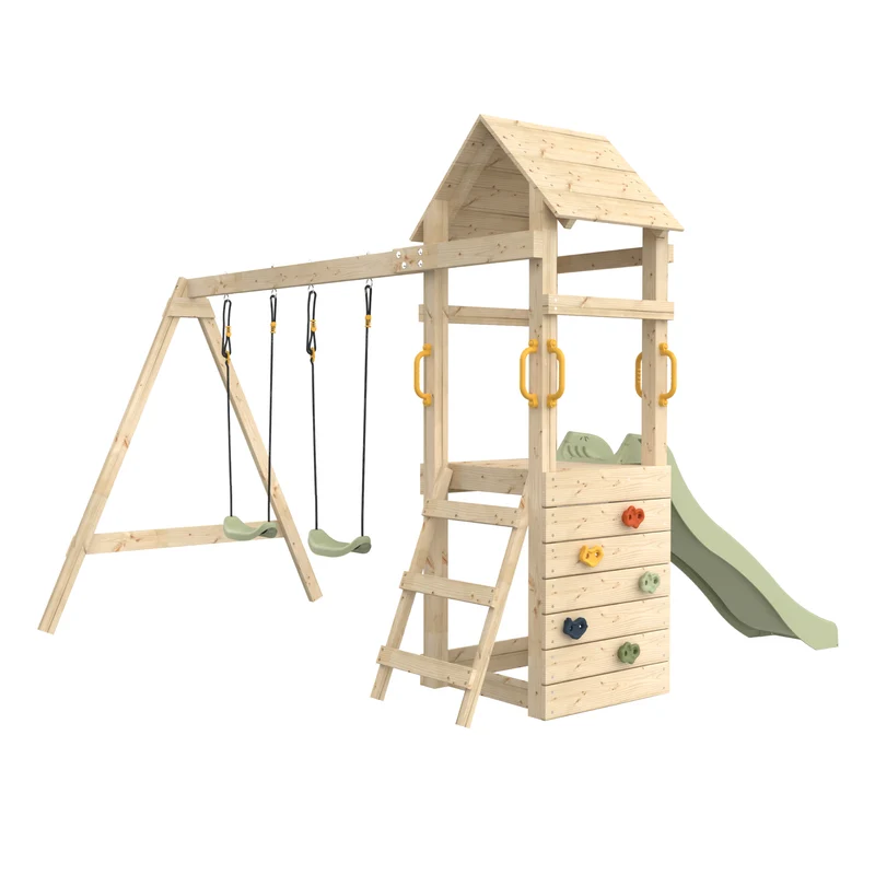 Aire de jeux 2 balançoires, toboggan et mur d'escalade - H210 cm - bois FSC® - GESSETTE