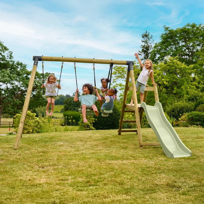 Portique 2 balançoires avec vis-à-vis et toboggan - bois PEFC™ - H190 cm - AJONC
