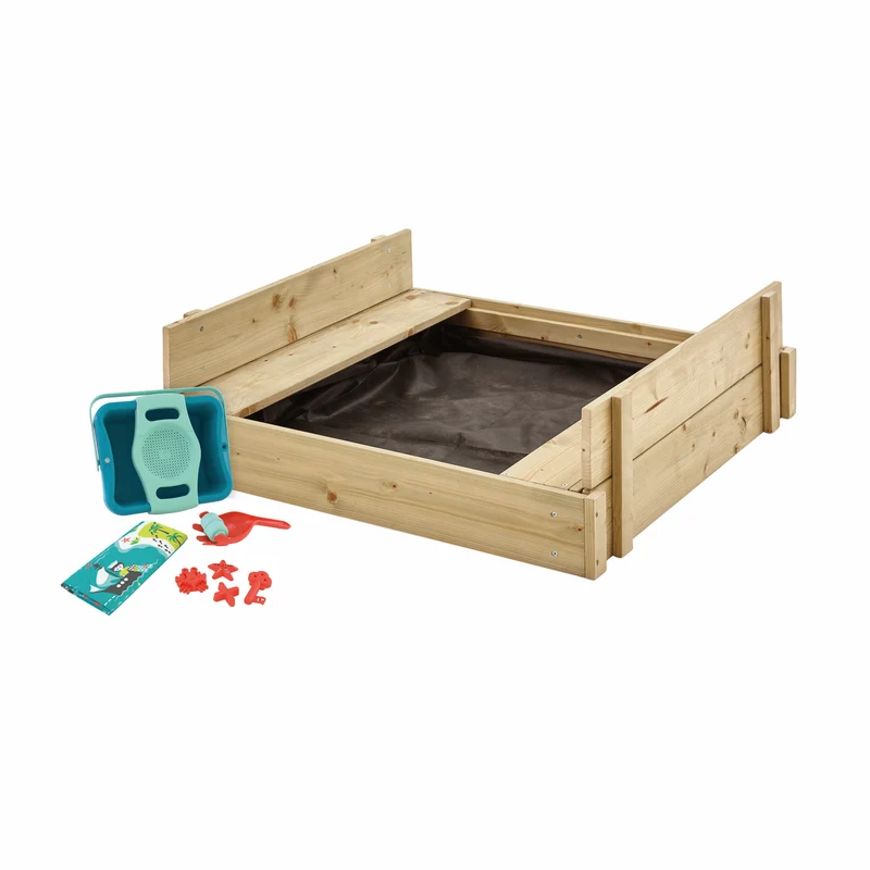 Bac à sable bois FSC® avec bancs intégrés et kit de jeux EXPLORATEUR