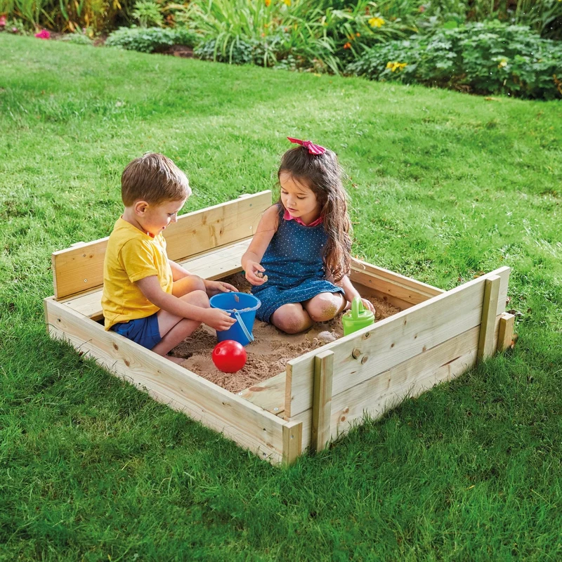 Bac à sable bois FSC® avec bancs intégrés et kit de jeux EXPLORATEUR
