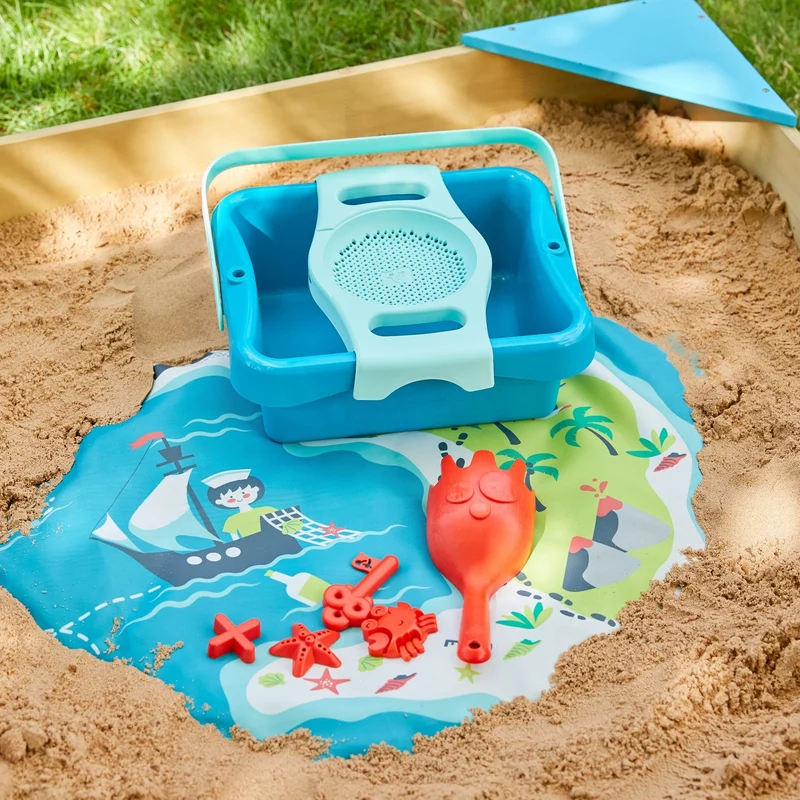 Bac à sable bois FSC® avec bancs intégrés et kit de jeux EXPLORATEUR