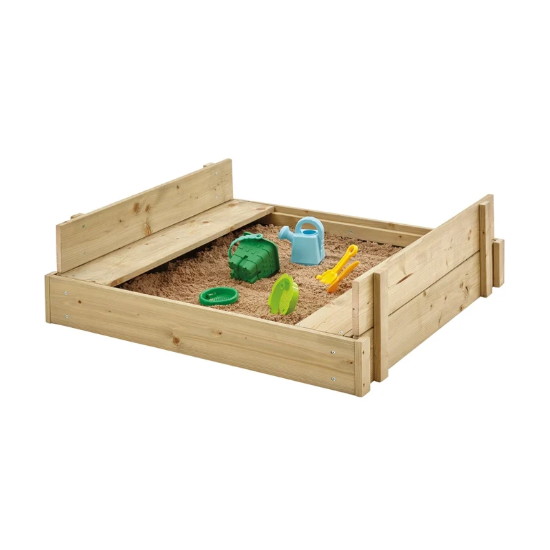 Bac à sable bois FSC® avec bancs intégrés et kit de jeux EXPLORATEUR