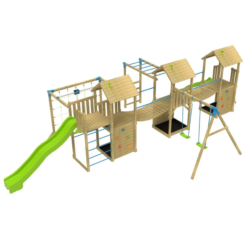 AIre de jeux XXL 3 tours et 2 ponts suspendus - bois FSC® - KUMQUAT SKYWOOD