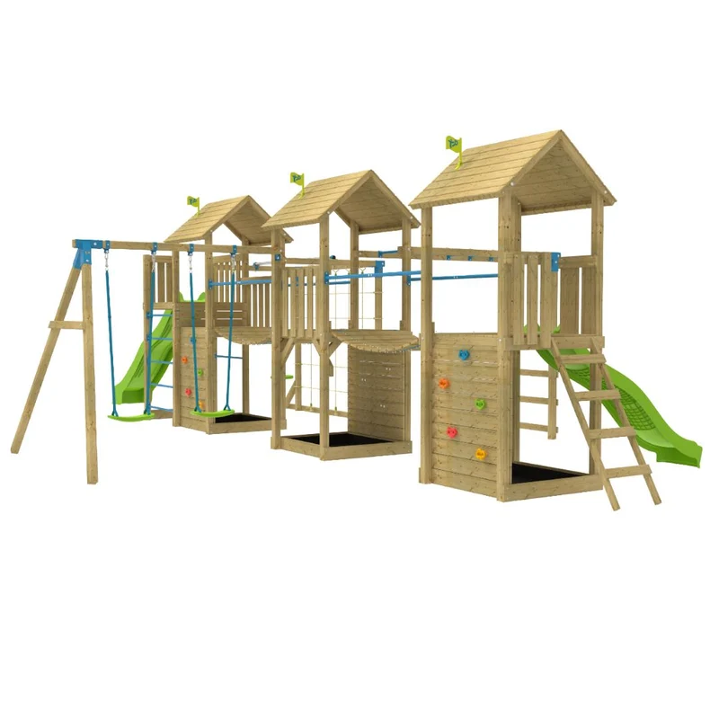 AIre de jeux XXL 3 tours et 2 ponts suspendus - bois FSC® - KUMQUAT SKYWOOD