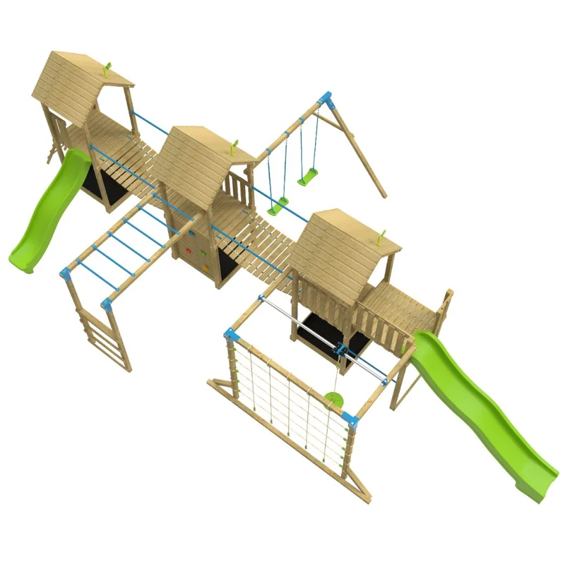 AIre de jeux XXL 3 tours et 2 ponts suspendus - bois FSC® - KUMQUAT SKYWOOD