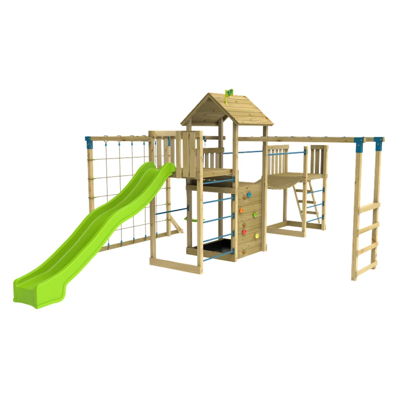 AIre de jeux XXL pont de singe, filet à grimper et toboggan - bois FSC® - PISTACHIER SKYWOOD