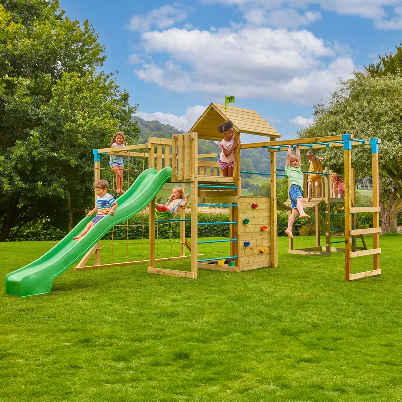 AIre de jeux XXL pont de singe, filet à grimper et toboggan - bois FSC® - PISTACHIER SKYWOOD