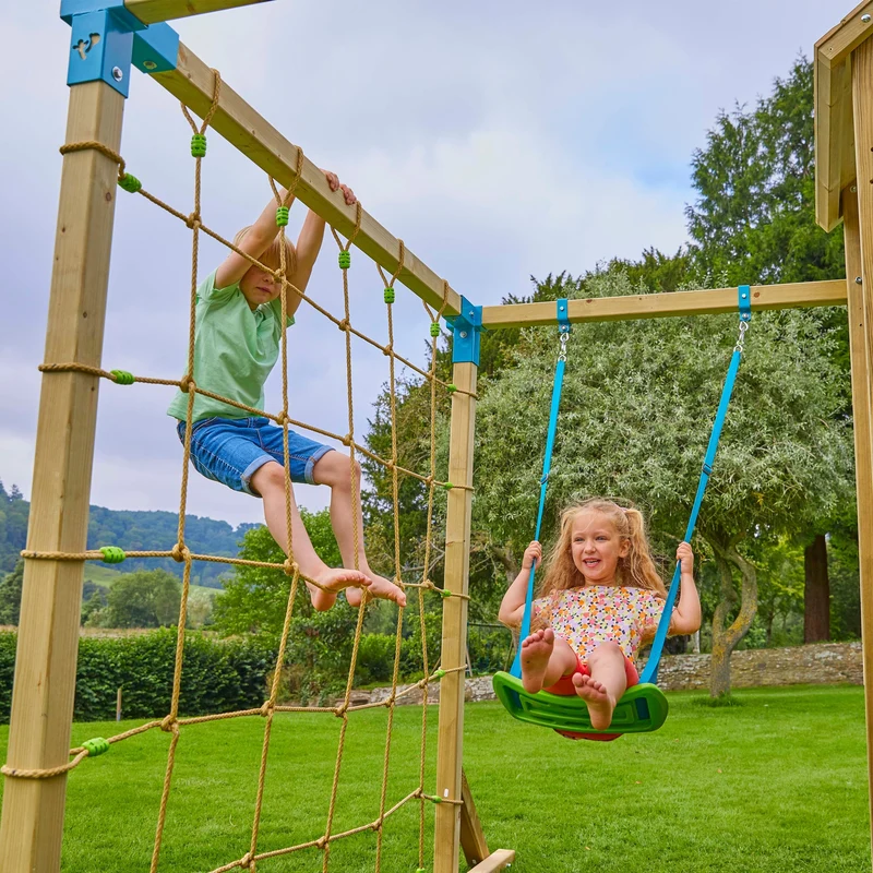 AIre de jeux XXL pont de singe, filet à grimper et toboggan - bois FSC® - PISTACHIER SKYWOOD
