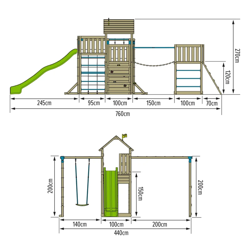 AIre de jeux XXL pont de singe, filet à grimper et toboggan - bois FSC® - PISTACHIER SKYWOOD