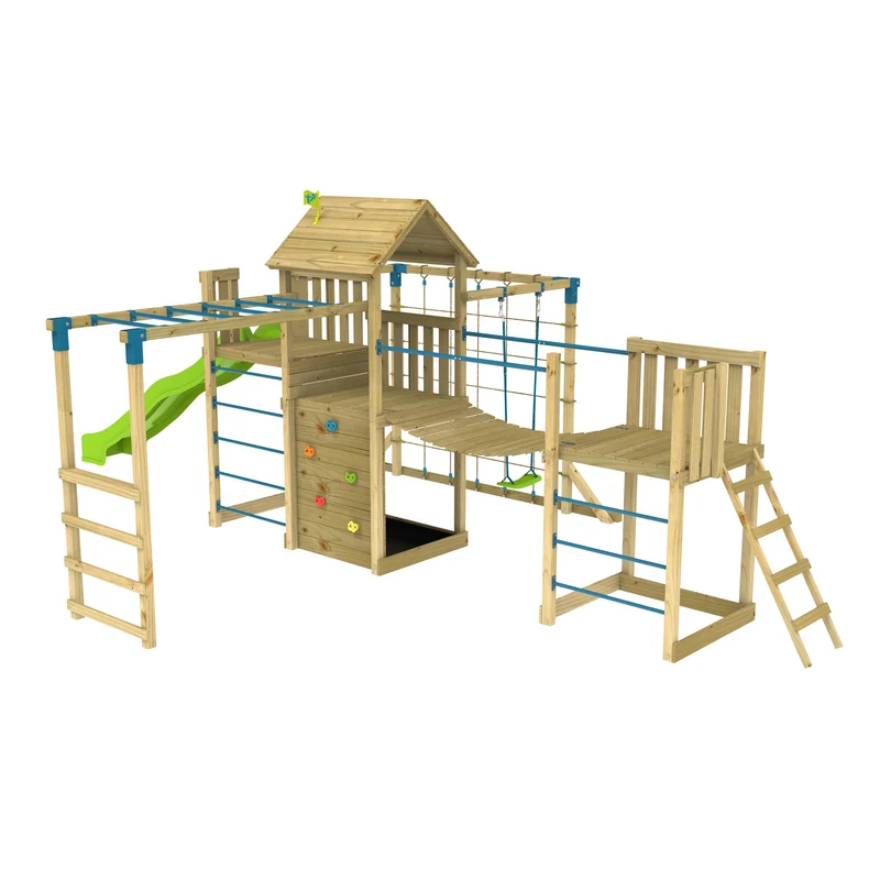 AIre de jeux XXL pont de singe, filet à grimper et toboggan - bois FSC® - PISTACHIER SKYWOOD