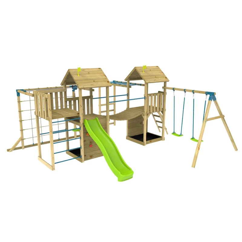 Aire de jeux XXL 2 tours avec pont suspendu - bois FSC® - CAMÉLÉE SKYWOOD