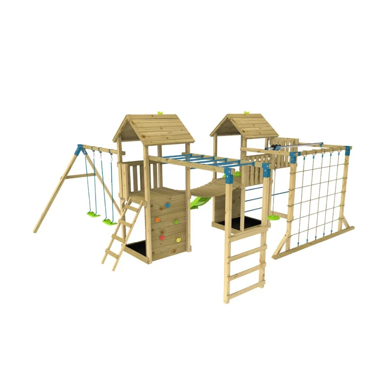 Aire de jeux XXL 2 tours avec pont suspendu - bois FSC® - CAMÉLÉE SKYWOOD