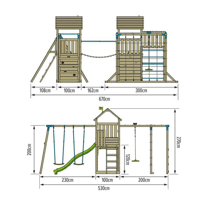 Aire de jeux XXL 2 tours avec pont suspendu - bois FSC® - CAMÉLÉE SKYWOOD