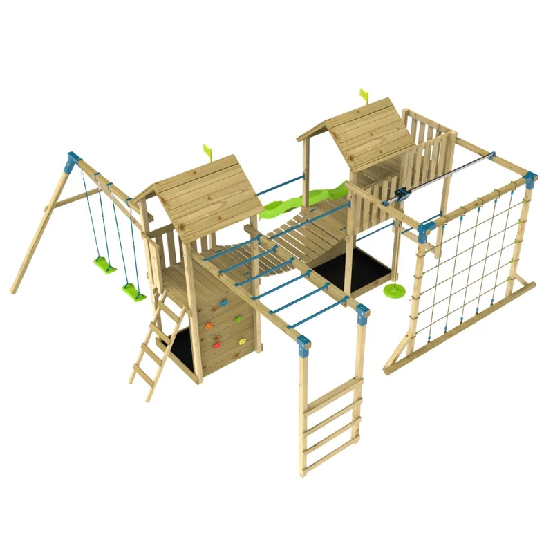 Aire de jeux XXL 2 tours avec pont suspendu - bois FSC® - CAMÉLÉE SKYWOOD