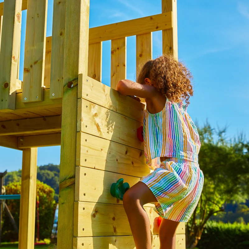 Aire de jeux XXL 2 tours avec pont suspendu - bois FSC® - CAMÉLÉE SKYWOOD