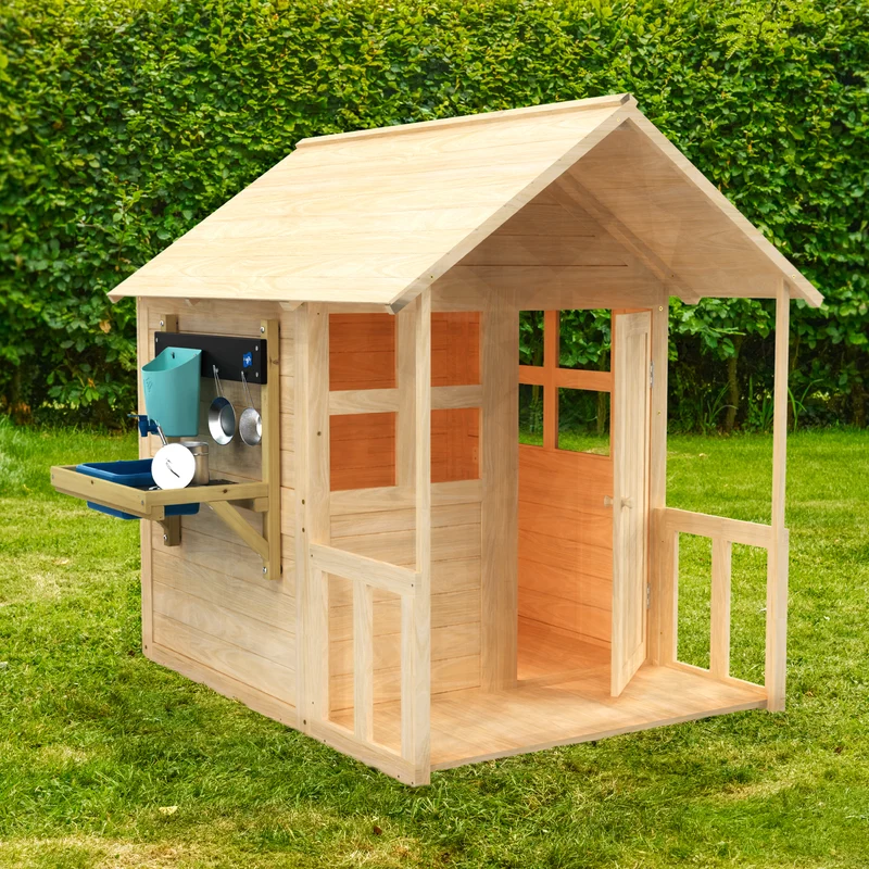 Cabane enfant avec plancher, véranda et cuisine - bois FSC® - BOUTON D'OR