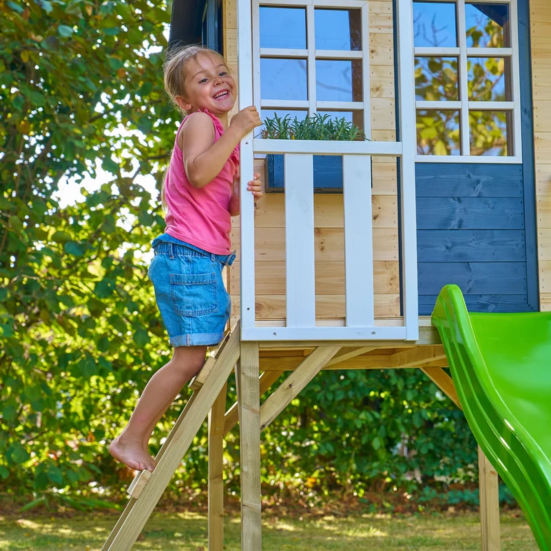 Plateforme pilotis avec balcon blanc en bois FSC® pour cabane enfant modulable