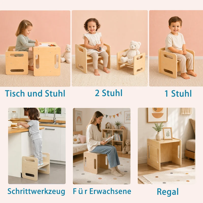 3-in-1 Montessori Kindertisch mit Stuhl aus Bambus