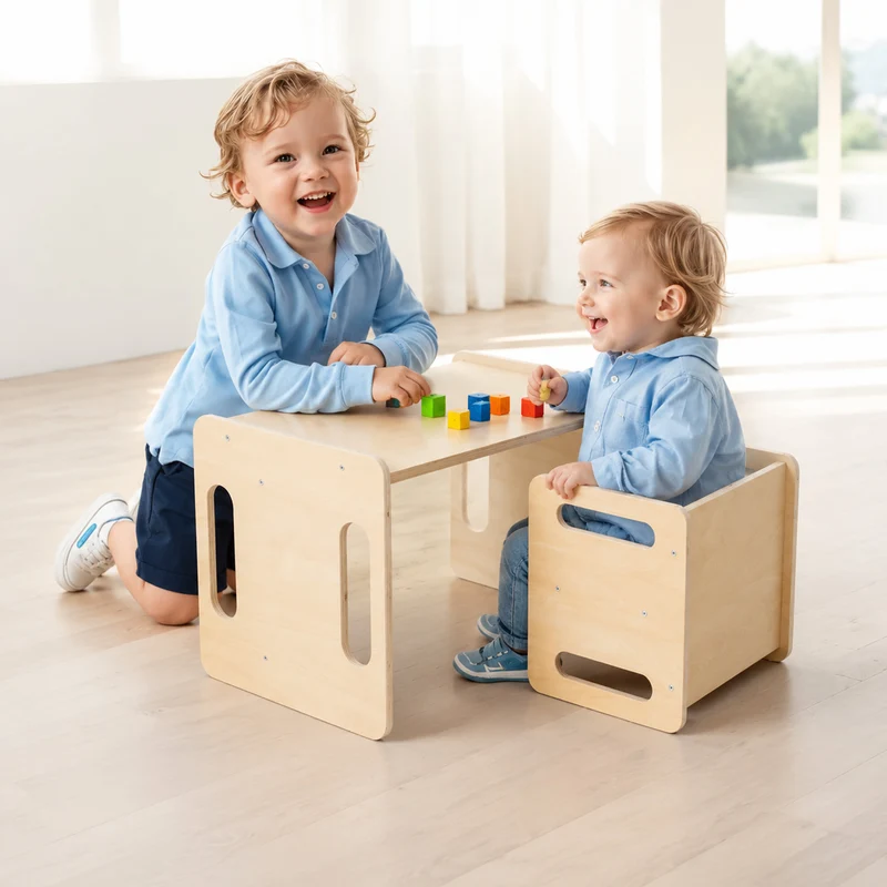 3-in-1 Montessori Kindertisch mit Stuhl aus Bambus