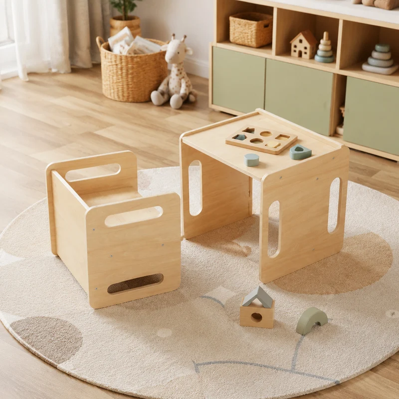 3-in-1 Montessori Kindertisch mit Stuhl aus Bambus