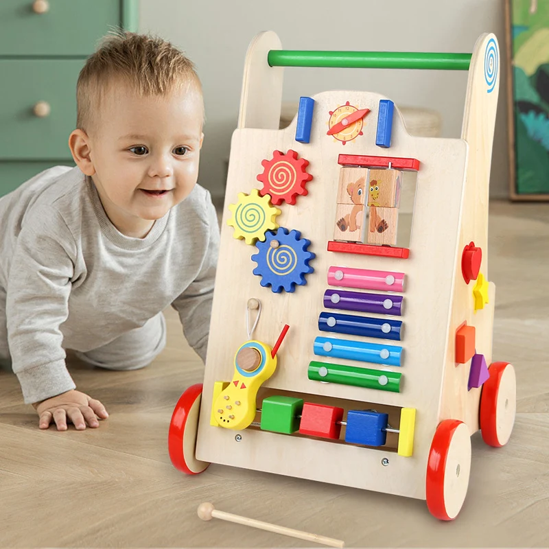 Montessori Holz Aktivitätswagen – 8-in-1 Lernspielzeug mit Musik
