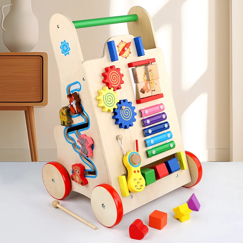 Montessori Holz Aktivitätswagen – 8-in-1 Lernspielzeug mit Musik